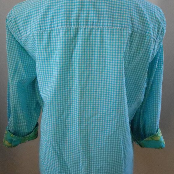 Adrienne Vittadini Teal & White Checked Collared Blouse Paisley Lining- Med-READ - Picture 5 of 6
